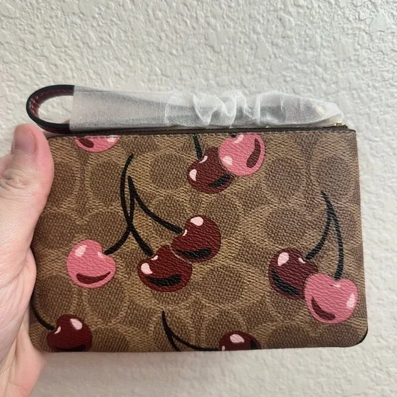 Coach Corner Zip Wristlet In Signature Canvas With Cherry Print - Picture 2 of 7